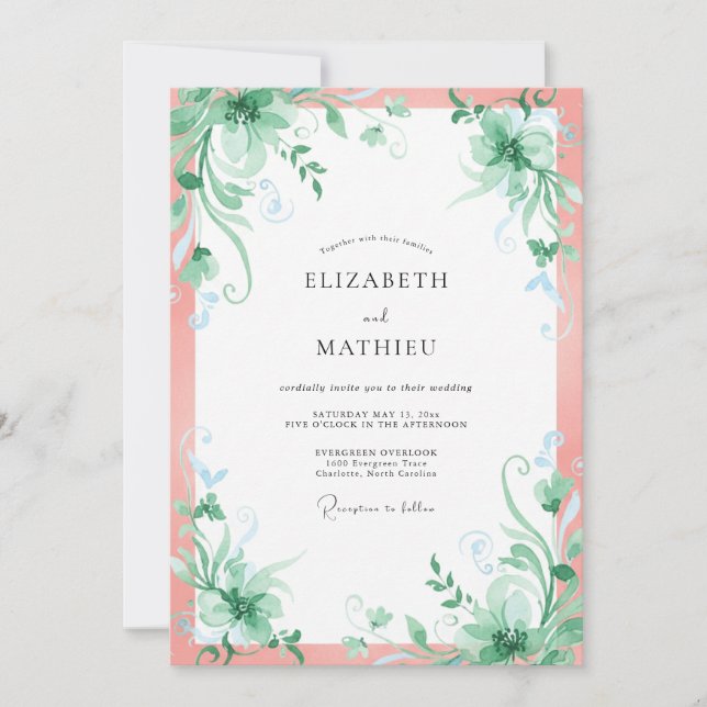Invitación Boda Salmón Hoja Mint (Anverso)