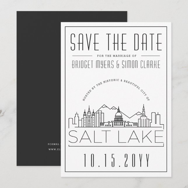 Invitación Boda Salt Lake | Estilizado Skyline Guardar la fec (Anverso / Reverso)