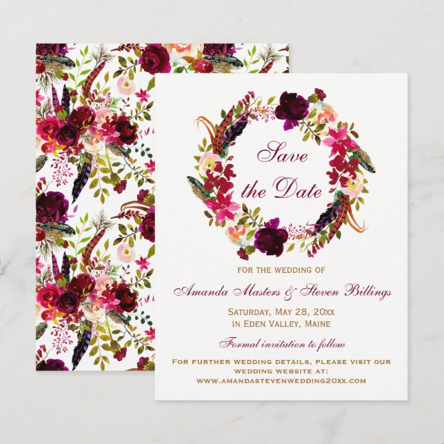 Invitación Boda salva la fecha - Floral de Borgoña, plumas (Anverso / Reverso)