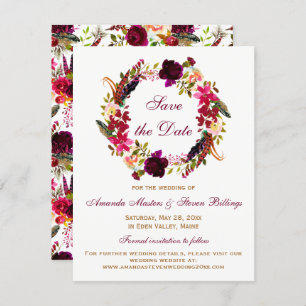 Invitación Boda salva la fecha - Floral de Borgoña, plumas