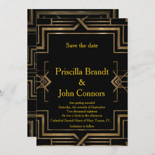 Invitación Boda salva la fecha, negro y oro, gran Gatsby