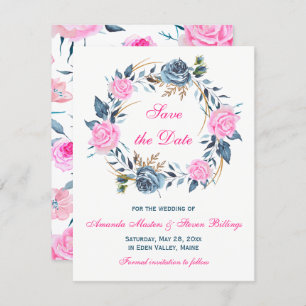 Invitación Boda Salva la Fecha - Rosas rosados y azules
