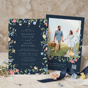 Invitación Boda Salvaje Flor de Campo Azul Marino Código QR R