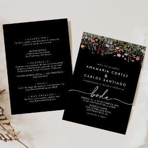 Invitación Boda Salvaje Galante Negro Flor Silvestre Española