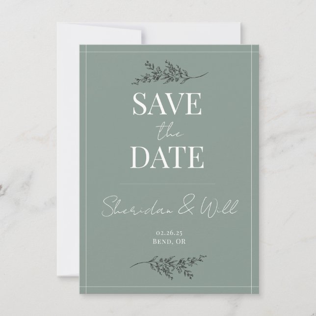 Invitación Boda Salvar la fecha Eucalipto Verde Botánico (Anverso)