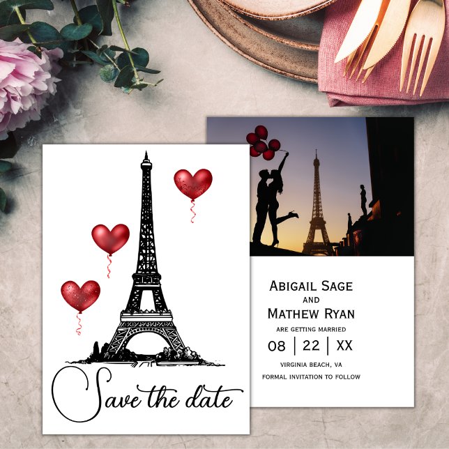 Invitación Boda Salvar la fecha Torre Eiffel de París, globos (Subido por el creador)