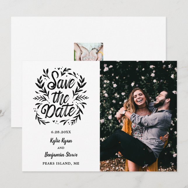 Invitación Boda Salvar la tipografía botánica de fecha 2 (Anverso / Reverso)