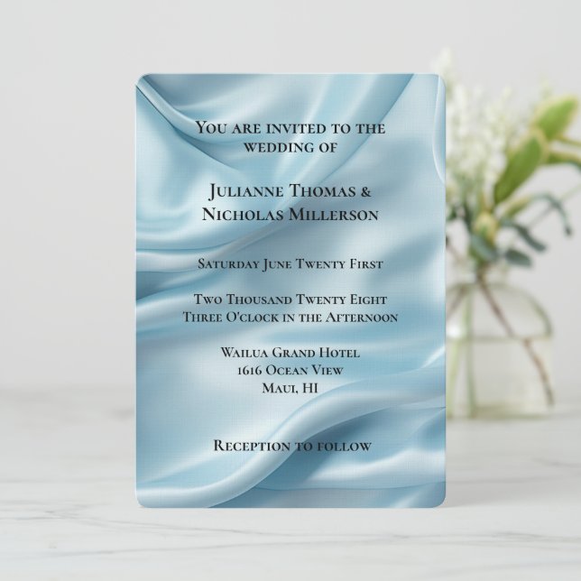 Invitación Boda satinado Feminine Light Blue Faux (Anverso de pie)