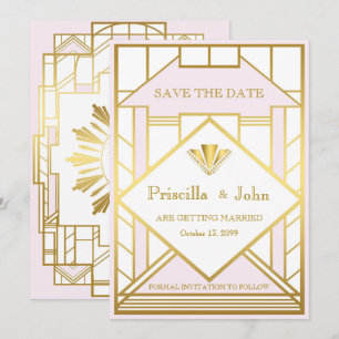 Invitación Boda Save the Date, Gran Gatsby, oro blanco rosa
