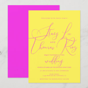 Invitación Boda Script Moderno Negrita Rosa Brillante Amarill