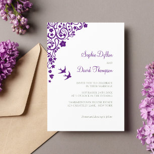 Invitación Boda Secret Garden Purple Floral Lovebirds