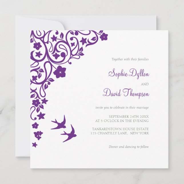 Invitación Boda Secret Garden Purple Floral Lovebirds (Anverso)