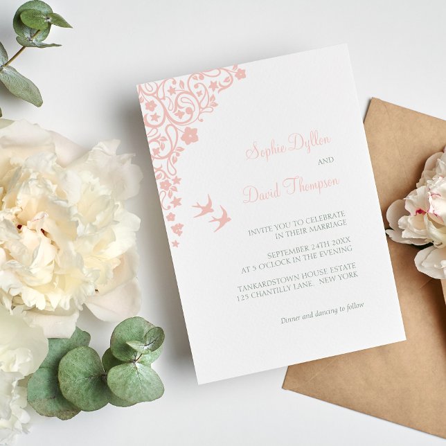 Invitación Boda Secret Garden Rubor Pink Floral Lovebirds (Subido por el creador)
