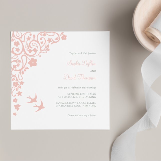 Invitación Boda Secret Garden Rubor Pink Floral Lovebirds (Subido por el creador)