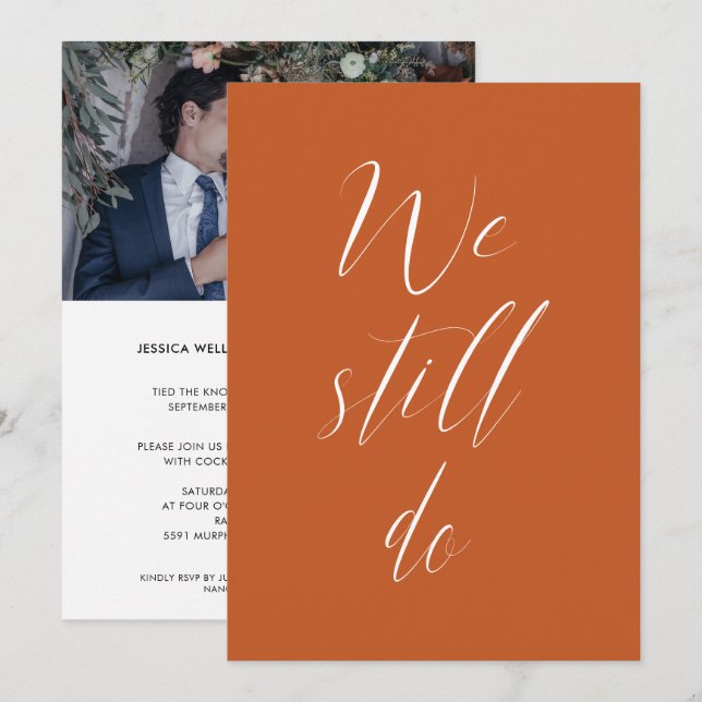 Invitación Boda secuencial Naranja quemado aún hacemos foto (Anverso / Reverso)