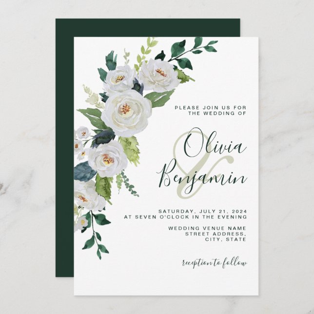 Invitación Boda selecta floral blanca de marfil de esmeralda (Anverso / Reverso)