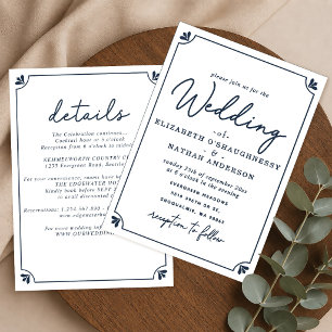 Invitación Boda sencilla elegante blanco y azul todo en uno 