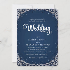 Invitación Boda Sencilla Flores Florales Azul Marino