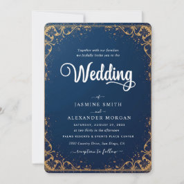 Invitación Boda Sencilla Flores Florales Azul Marino
