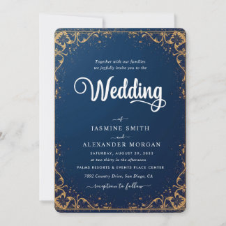 Invitación Boda Sencilla Flores Florales Azul Marino