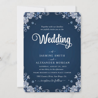 Invitación Boda Sencilla Flores Florales Azul Marino