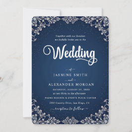 Invitación Boda Sencilla Flores Florales Azul Marino