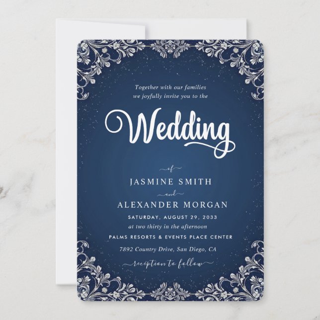 Invitación Boda Sencilla Flores Florales Azul Marino (Anverso)