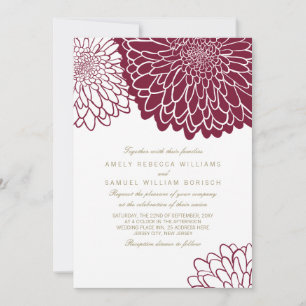 Invitación Boda Sencilla Texto Dorado Crisantemo Borgoña