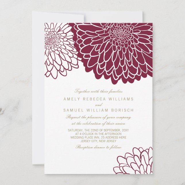 Invitación Boda Sencilla Texto Dorado Crisantemo Borgoña (Anverso)