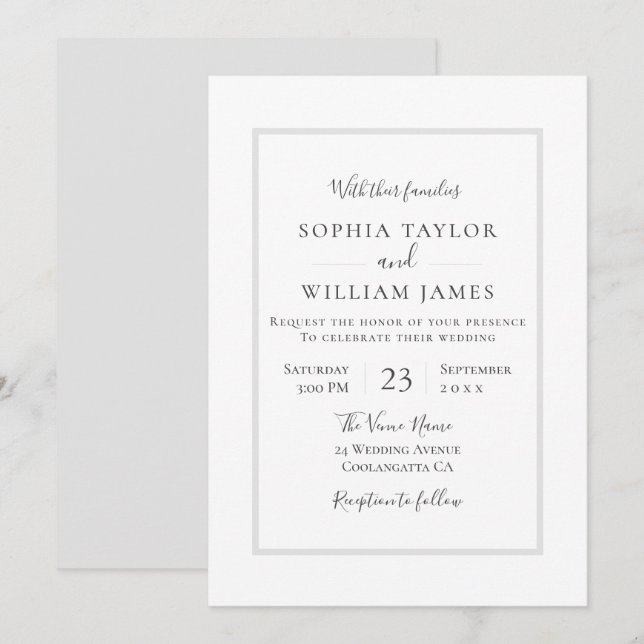 Invitación Boda sencillo de escritura gris blanco negro (Anverso / Reverso)