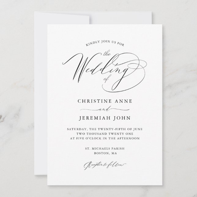 Invitación Boda sencillo de escritura moderna en blanco negro (Anverso)