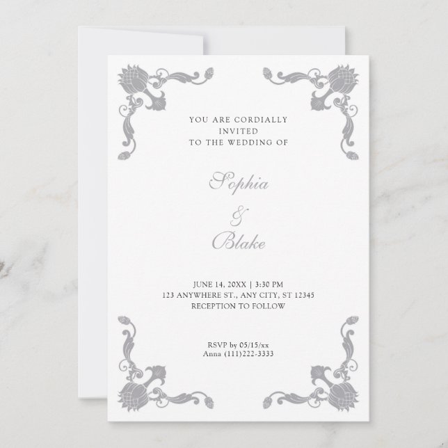 Invitación Boda sencillo de estilo Art Deco Plata y Blanco (Anverso)