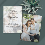Invitación Boda sencillo de foto transparente de escritura mo<br><div class="desc">Una moderna y moderna invitación a la boda con foto de doble cara mostrando la información de tu boda sobre una de tus fotos favoritas con un overlay transparente y acentuado por un guión elegante. Personalizable fácil con los detalles de su ceremonia boda en gris oscuro para un ambiente romántico,...</div>