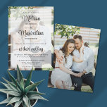 Invitación Boda sencillo de foto transparente de escritura mo<br><div class="desc">Una moderna y moderna invitación a la boda con foto de doble cara mostrando la información de tu boda sobre una de tus fotos favoritas con un overlay transparente y acentuado por un guión elegante. Personalizable fácil con los detalles de su ceremonia boda en gris oscuro para un ambiente romántico,...</div>