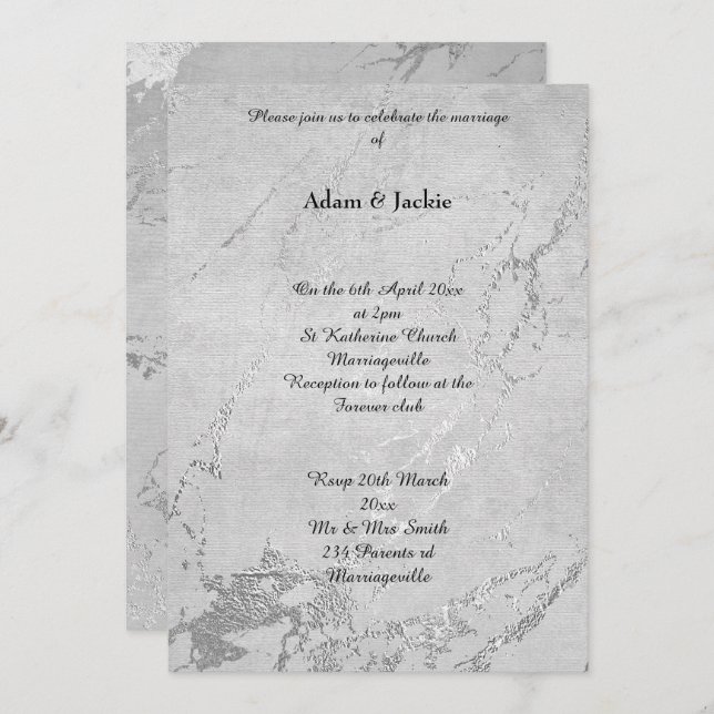 Invitación Boda sencillo de impresión de mármol gris plateado (Anverso / Reverso)