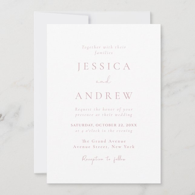 Invitación Boda sencillo rosa y blanco y polvoriento minimali (Anverso)