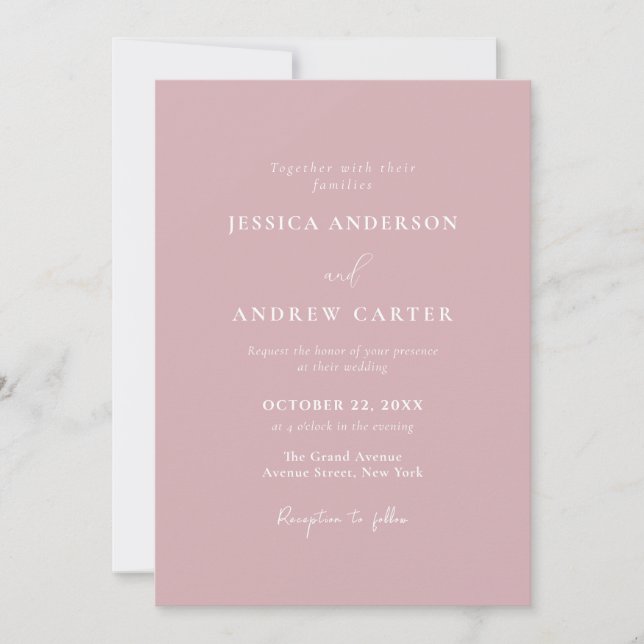 Invitación Boda sencillo rosa y blanco y polvoriento minimali (Anverso)