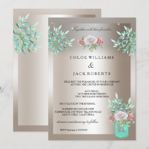 Invitación Boda Sepia Verde Acuático Floral Frasco de Mason R