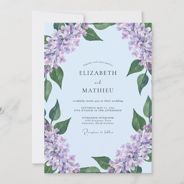 Invitación Boda Seráfica de Lila Azul Pálido (Anverso)