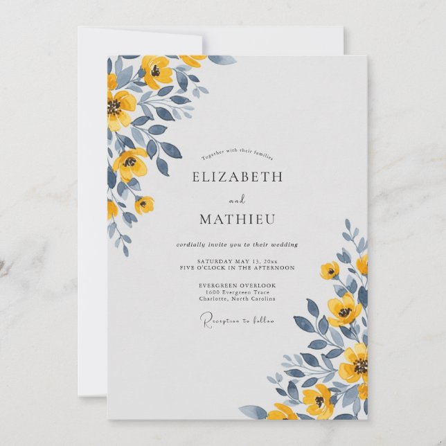 Invitación Boda serena acuarela amarilla (Anverso)