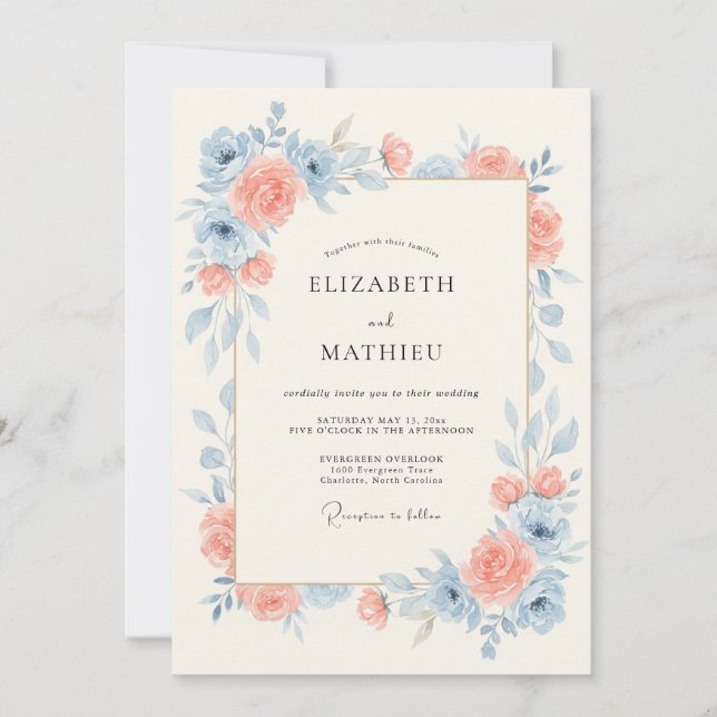 Invitación Boda Serena de Primavera Azul Celeste y Melocotón (Anverso)