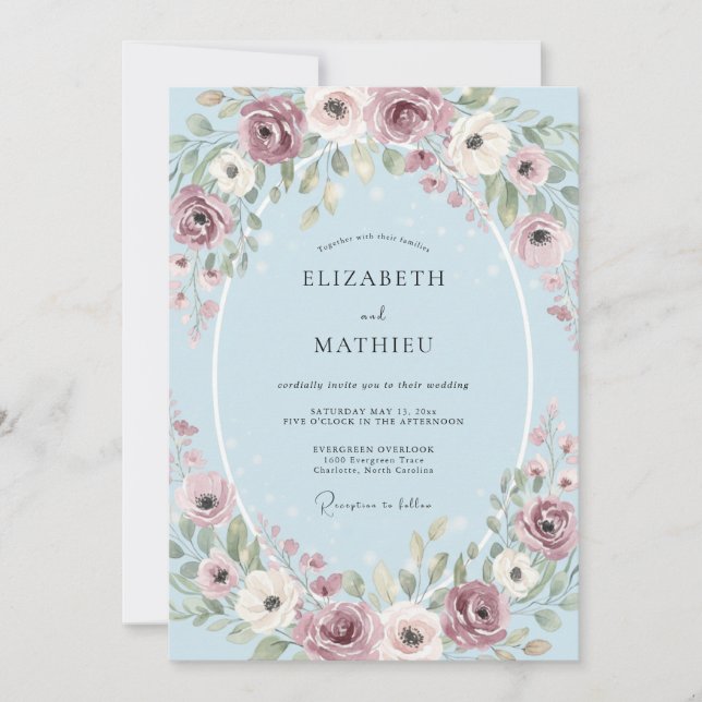 Invitación Boda serena de primavera en azul bebé (Anverso)