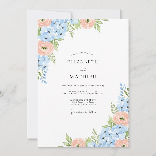 Invitación Boda serena de primavera en azul claro (Anverso)