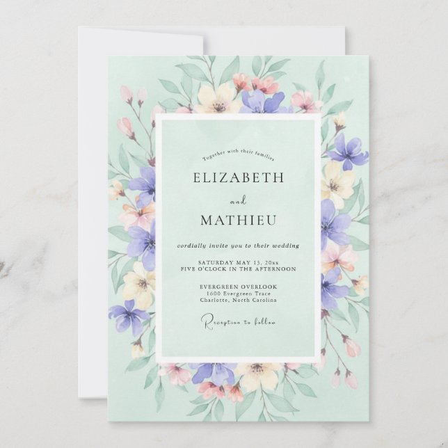 Invitación Boda serena de primavera en verde espuma de mar (Anverso)