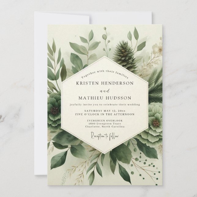 Invitación Boda Serena de Suculentas Verde Salvia (Anverso)