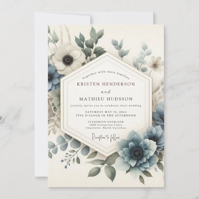 Invitación Boda Serena Flor Azul Polvoriento (Anverso)