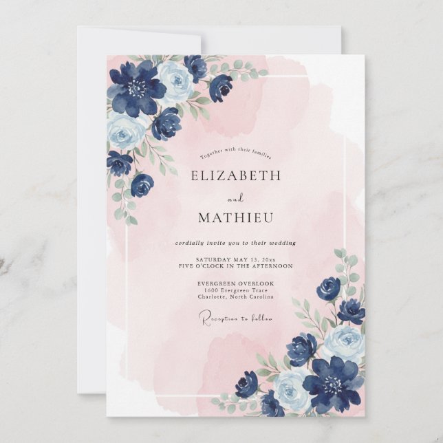 Invitación Boda Serena Flor de Azul Marinho (Anverso)
