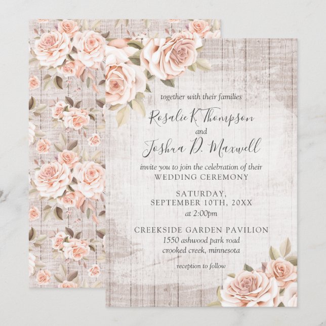 Invitación Boda Shabby Chic con Madera Rústica y Rosas Románt (Anverso / Reverso)