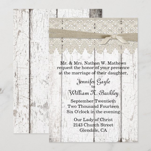 Invitación Boda Shabby White Washed Wood and Lace (Anverso / Reverso)