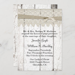 Invitación Boda Shabby White Washed Wood and Lace